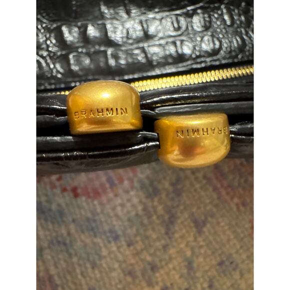 Brahmin Black Croc Embossed Leather Clutch With Roses Bag Charm Wristlet - Picture 9 of 16